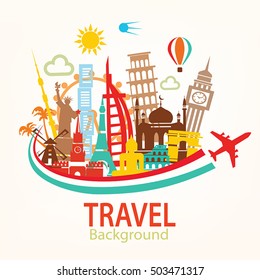 world travel background, landmarks silhouettes icons set, travel around the world concept