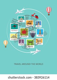 world travel  background. stamp and visa, can be use for greeting and invitation card.  background , backdrop. flat design. vector illustration