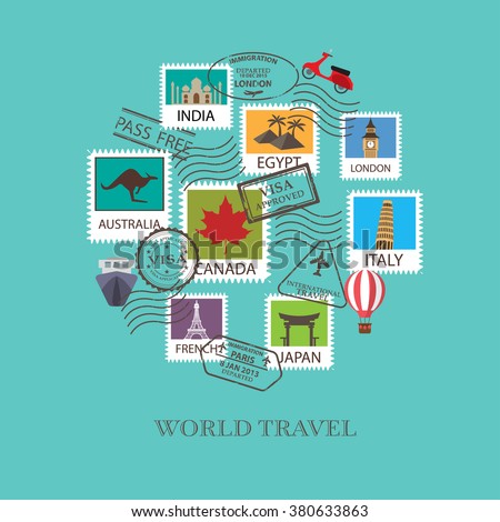 world travel  background. stamp and visa, can be use for greeting and invitation card.  background , backdrop. flat design. vector illustration