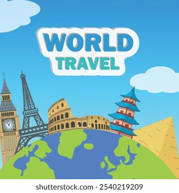 Banner de viagem mundial com pontos de referência e destinos. ilustração vetorial em design moderno de estilo plano. isolado no fundo branco. Pagode, Coliseu, Torre Eiffel, London Big Ben, Pirâmide