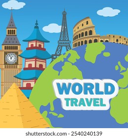 World Travel Banner With Landmarks and Destinations.  vector illustration in flat style modern design.