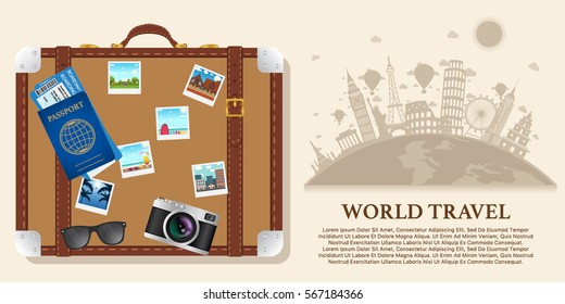 World travel banner with suitcase, camera, sunglasses, passport and tickets vector illustration