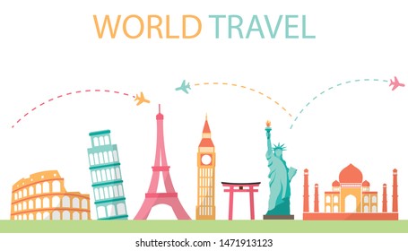 World Travel Business Concept. Landmark places on white background. Vector illustration modern flat design.