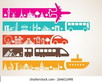 world travel by different kinds of transport, landmarks set