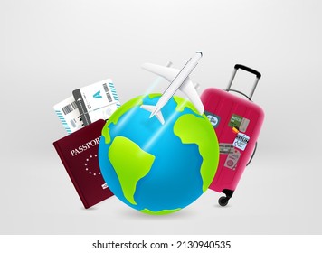 World travel by plane concept. 3d vector illustration