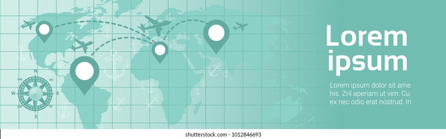 World Travel By Plane Template Banner Airplane Fly Over Earth Map With Navigation Pointers Route Planning Flat Vector Illustration