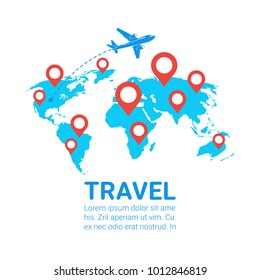 World Travel By Plano Planta Banner Airplane Volar Sobre El Mapa De La Tierra Con Indicadores De Navegación Rojos Ilustración Vector Plano