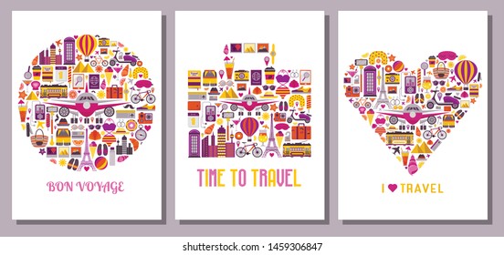 World travel cards with vacation icons stylized in shapes of travel suitcase, heart and circle. I love summer holidays t-shirt print patterns with europe trip vacation and adventure elements.