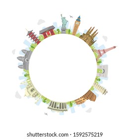 world travel circular vector illustration ( world famous buildings  world heritage ) blank space in the center