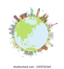 World Travel Circular Vector Illustration ( World Famous Buildings  World Heritage )  Earth