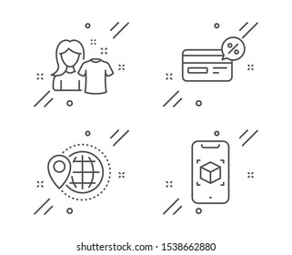 World travel, Clean shirt and Cashback line icons set. Augmented reality sign. Map pointer, Laundry t-shirt, Non-cash payment. Phone simulation. Business set. Line world travel outline icon. Vector