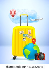 World travel concept with travel accessories. 3d vector illustration