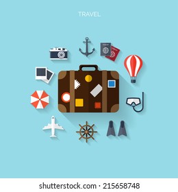 World travel concept background.  Flat icons. Tourism concept image.Holidays and vacation.Sea, ocean, land, air travelling.