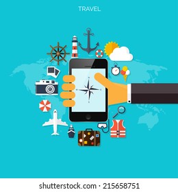 World travel concept background.  Flat icons. Tourism concept image.Holidays and vacation.Sea, ocean, land, air travelling.