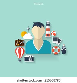 World travel concept background.  Flat icons. Tourism concept image.Holidays and vacation.Sea, ocean, land, air travelling.