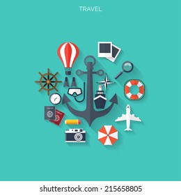 World travel concept background.  Flat icons. Tourism concept image.Holidays and vacation.Sea, ocean, land, air travelling.