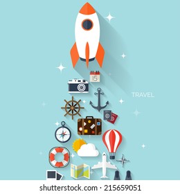 World travel concept background.  Flat icons. Tourism concept image.Holidays and vacation.Sea, ocean, land, air travelling.