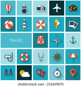 World travel concept background.  Flat icons set. Tourism concept image.Holidays and vacation.Sea, ocean, land, air travelling.