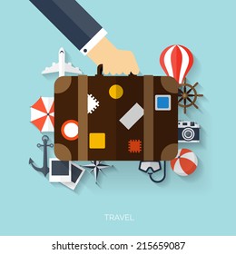 World travel concept background.  Flat icons. Tourism concept image.Holidays and vacation.Sea, ocean, land, air travelling.