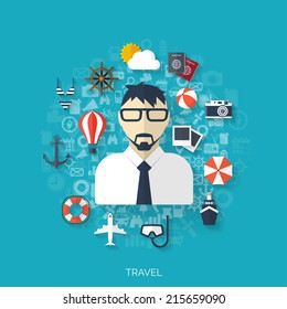 World travel concept background.  Flat icons. Tourism concept image.Holidays and vacation.Sea, ocean, land, air travelling.