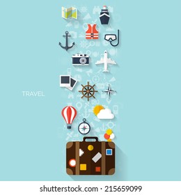 World travel concept background.  Flat icons. Tourism concept image.Holidays and vacation.Sea, ocean, land, air travelling.