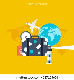 World travel concept background.  Flat icons. Tourism concept image.Holidays and vacation.Sea, ocean, land, air travelling.