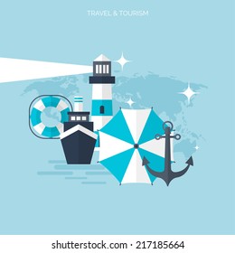World travel concept background.  Flat icons. Tourism concept image.Holidays and vacation.Sea, ocean, land, air travelling.