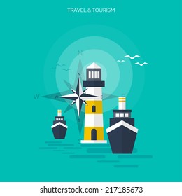 World travel concept background.  Flat icons. Tourism concept image.Holidays and vacation.Sea, ocean, land, air travelling.