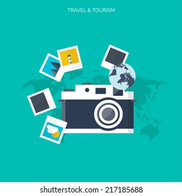 World travel concept background.  Flat icons. Tourism concept image.Holidays and vacation.Sea, ocean, land, air travelling.