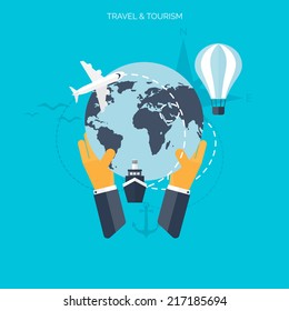 World travel concept background.  Flat icons. Tourism concept image.Holidays and vacation.Sea, ocean, land, air travelling.