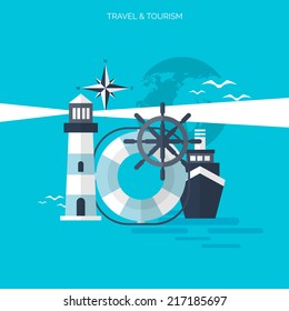 World travel concept background.  Flat icons. Tourism concept image.Holidays and vacation.Sea, ocean, land, air travelling.