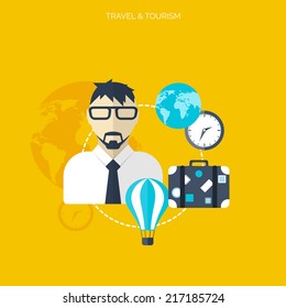 World travel concept background.  Flat icons. Tourism concept image.Holidays and vacation.Sea, ocean, land, air travelling.