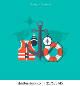 World travel concept background.  Flat icons. Tourism concept image.Holidays and vacation.Sea, ocean, land, air travelling.