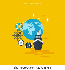 World travel concept background.  Flat icons. Tourism concept image.Holidays and vacation.Sea, ocean, land, air travelling.