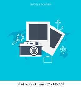 World travel concept background.  Flat icons. Tourism concept image.Holidays and vacation.Sea, ocean, land, air travelling.