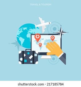 World travel concept background.  Flat icons. Tourism concept image.Holidays and vacation.Sea, ocean, land, air travelling.