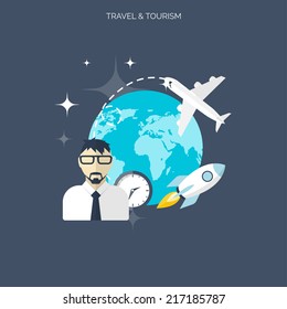 World travel concept background.  Flat icons. Tourism concept image.Holidays and vacation.Sea, ocean, land, air travelling.