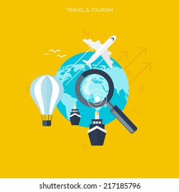 World travel concept background.  Flat icons. Tourism concept image.Holidays and vacation.Sea, ocean, land, air travelling.