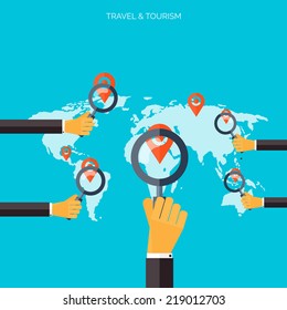 World travel concept background.  Flat icons. Tourism concept image.Holidays and vacation.Sea, ocean, land, air travelling.