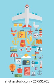 World travel concept background, plane. Flat icons. Tourism concept image.Holidays and vacation.Sea, ocean, land, air travelling.