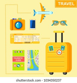 World travel concept background. Set of color vector icons with yellow suitcase