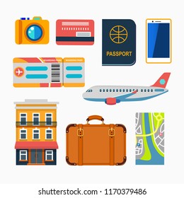 Antecedentes del concepto de viajes en el mundo. Conjunto de iconos vectoriales de color 