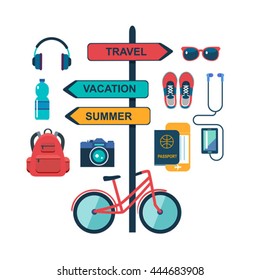 World travel concept background. Set of color flat icons