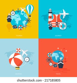World travel concept backgrounds set.  Flat icons. Tourism concept image.Holidays and vacation.Sea, ocean, land, air travelling.