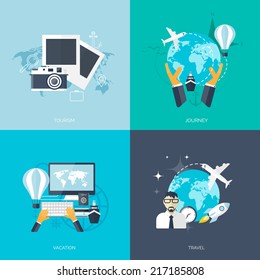 World travel concept backgrounds set.  Flat icons. Tourism concept image.Holidays and vacation.Sea, ocean, land, air travelling.