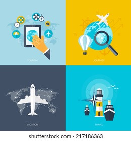 World travel concept backgrounds set.  Flat icons. Tourism concept image.Holidays and vacation.Sea, ocean, land, air travelling.