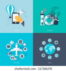 World travel concept backgrounds set.  Flat icons. Tourism concept image.Holidays and vacation.Sea, ocean, land, air travelling.