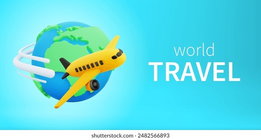 World travel concept banner. 3d cute cartoon yellow airplane with white track fly around of Earth Globe on turquoise background. Trip around the World. Vector illustration of 3d render.