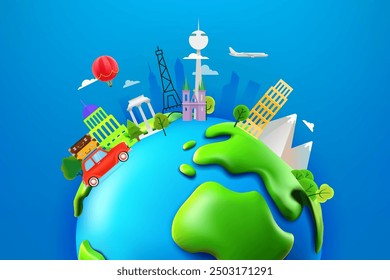 World travel concept with different world sights. 3d vector illustration