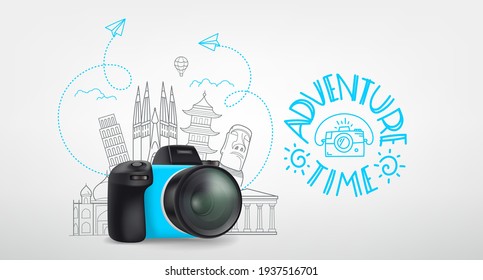 World travel concept with digital camera and logo. Adventure time